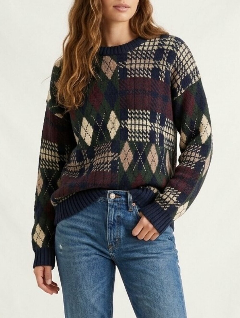 Vintage 90's Argyle Patchwork Abstract Crewneck Sweater In Navy/Burgundy